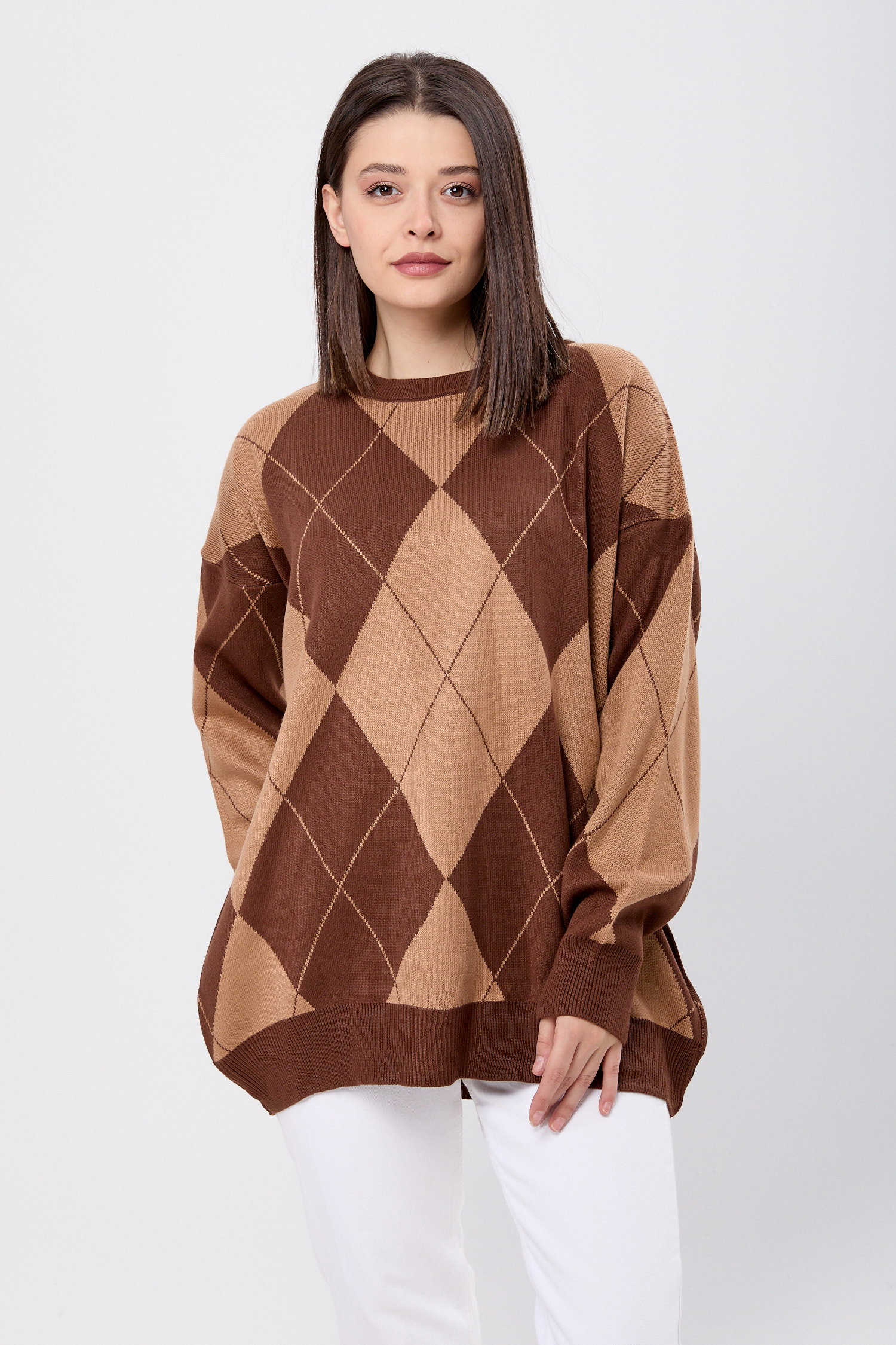 23924-KAHVE Baklava Desen Ekose Oversize Kazak - 2