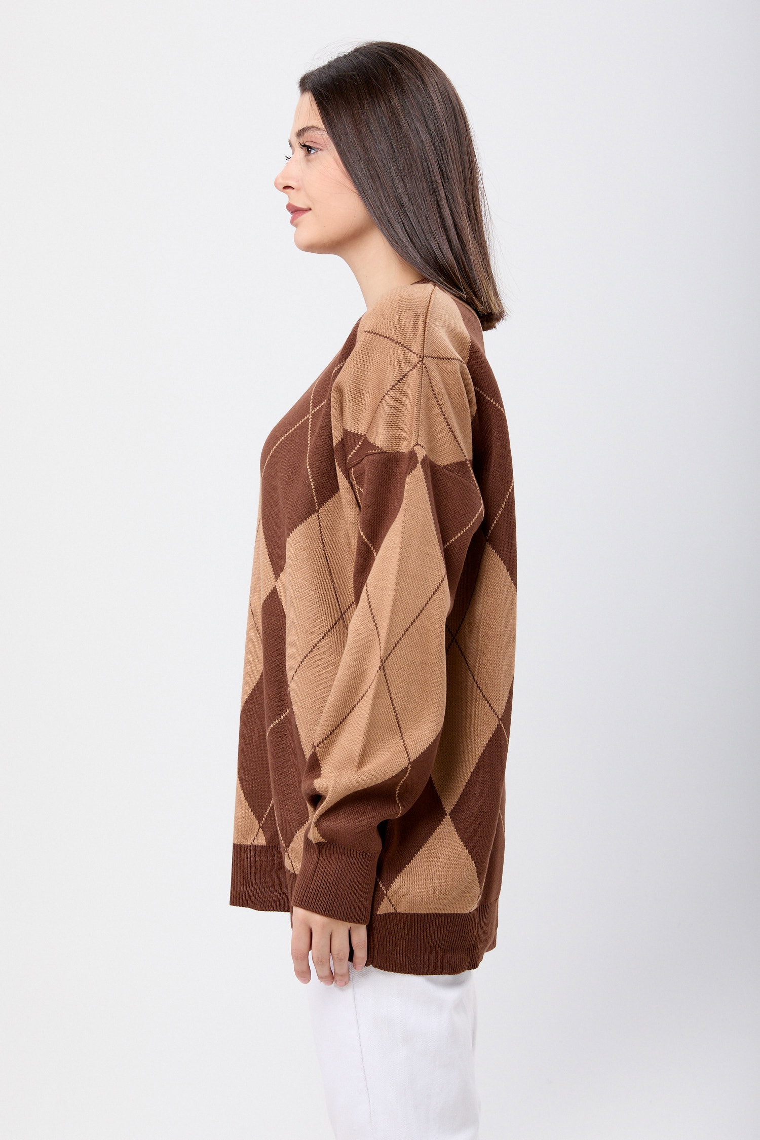 23924-KAHVE Baklava Desen Ekose Oversize Kazak - 3