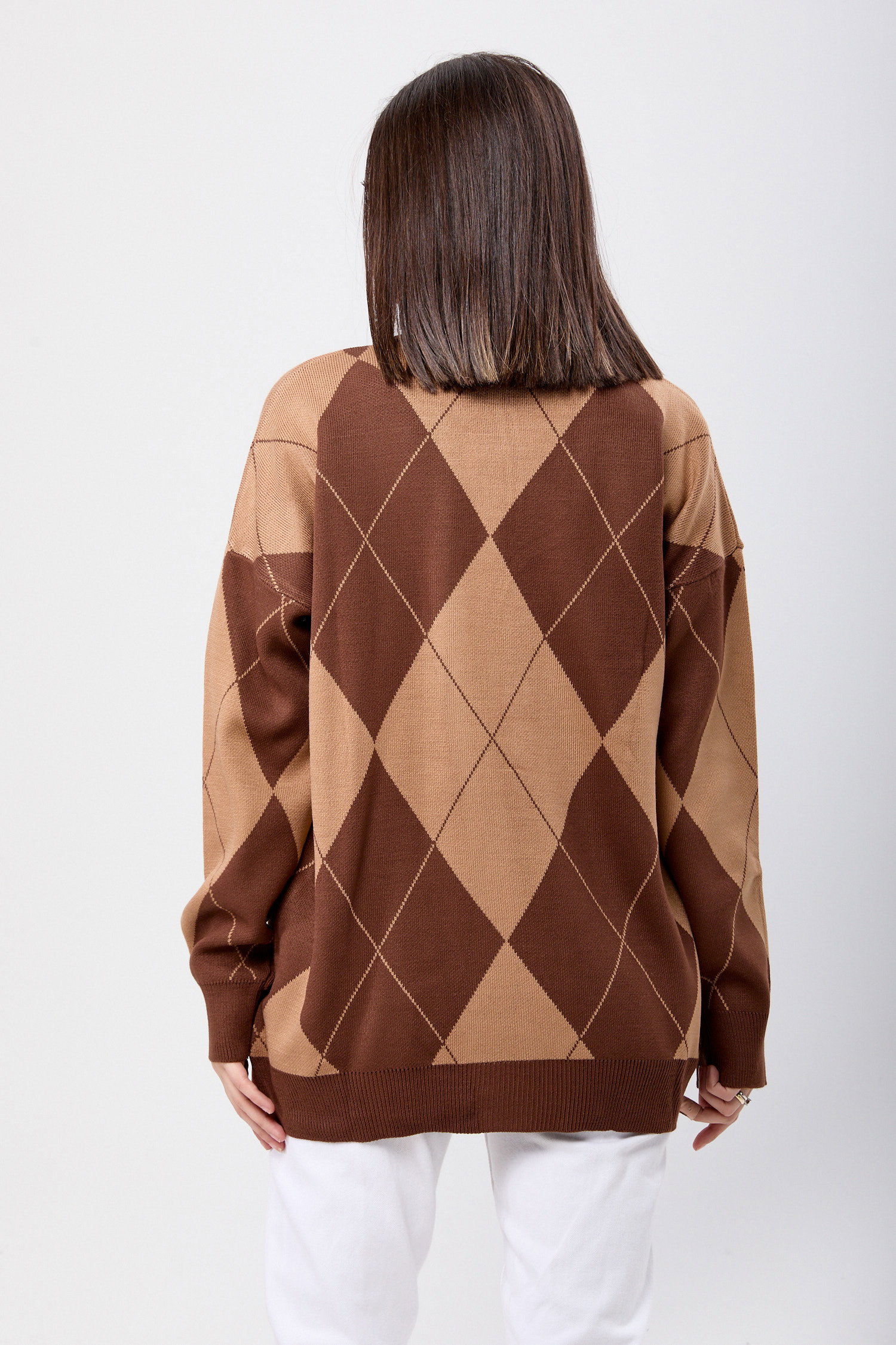 23924-KAHVE Baklava Desen Ekose Oversize Kazak - 5