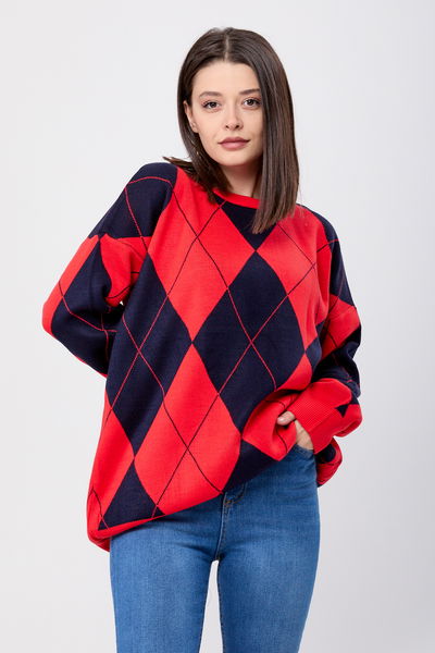 23924-KIRMIZI Baklava Desen Ekose Oversize Kazak 