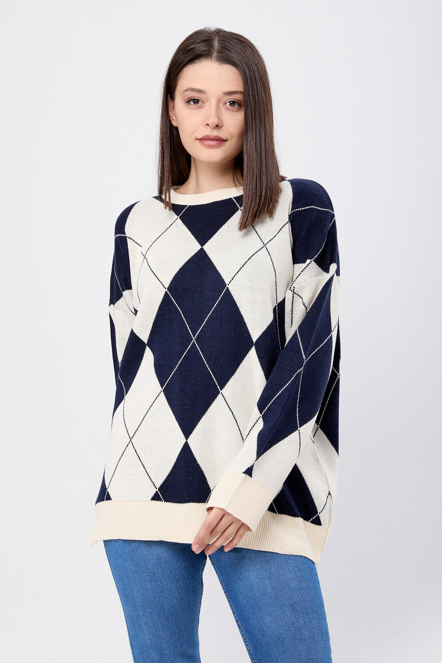 23924-LACIVERT Baklava Desen Ekose Oversize Kazak - 1