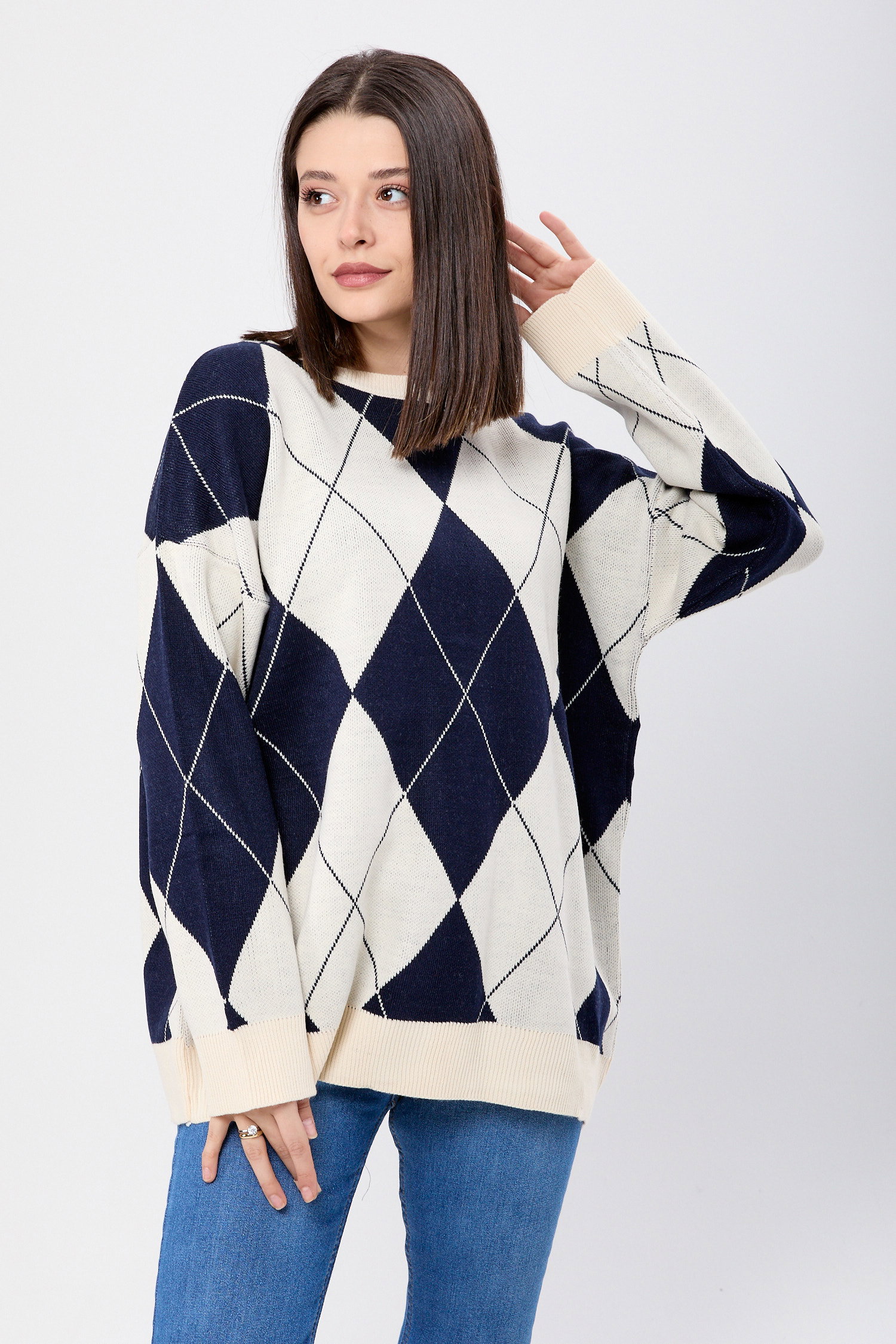 23924-LACIVERT Baklava Desen Ekose Oversize Kazak - 2