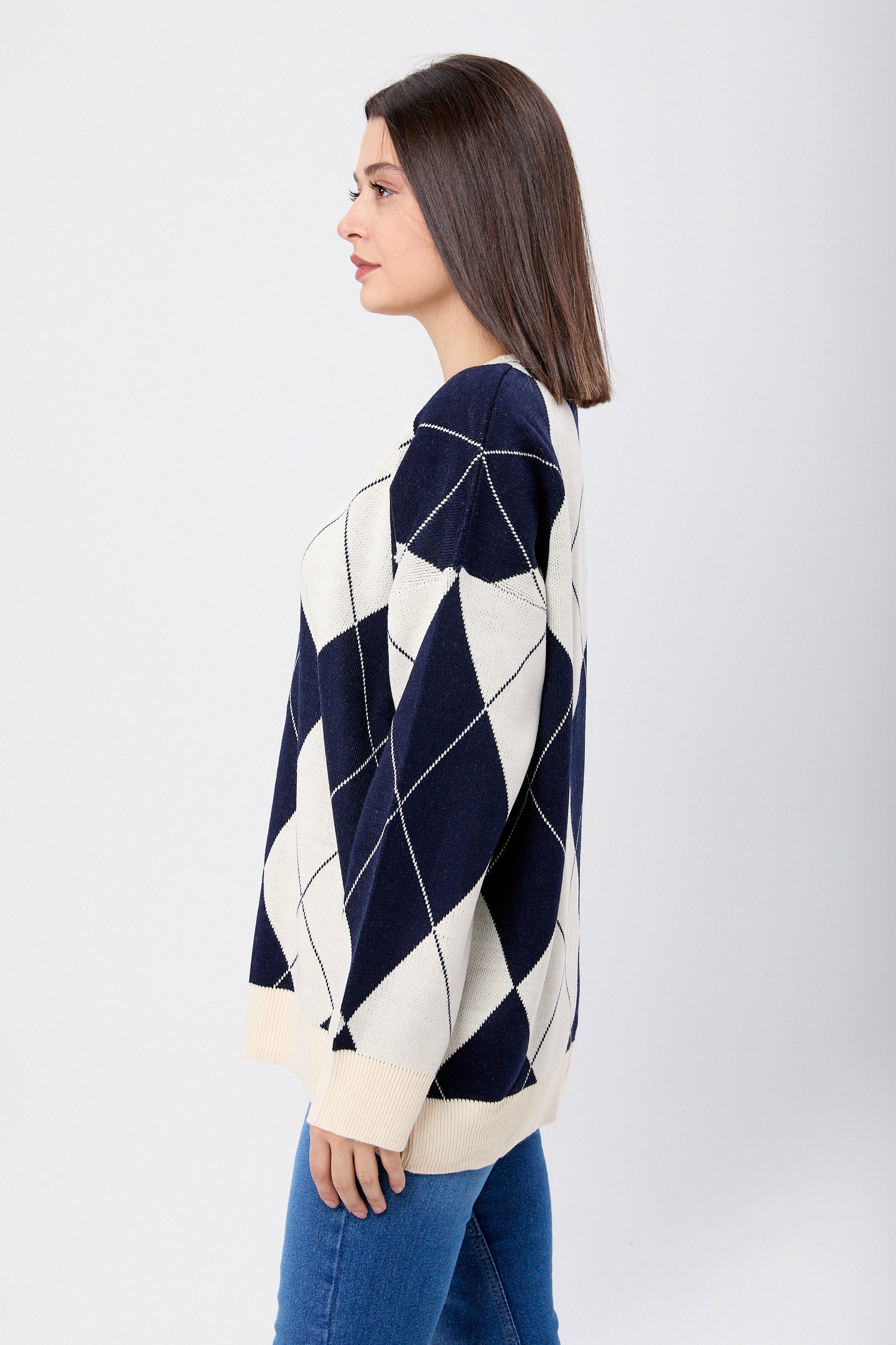 23924-LACIVERT Baklava Desen Ekose Oversize Kazak - 3