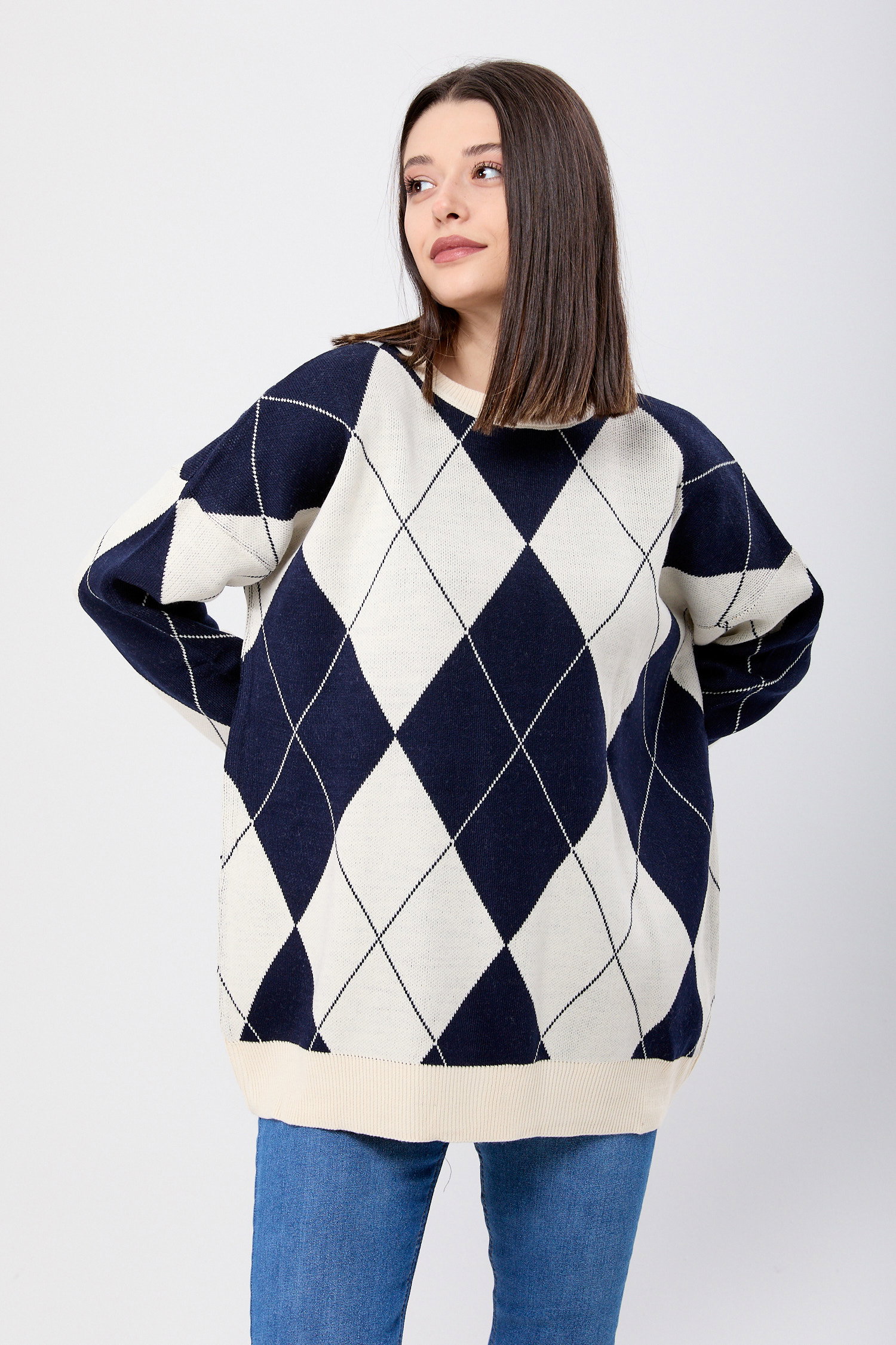 23924-LACIVERT Baklava Desen Ekose Oversize Kazak - 4