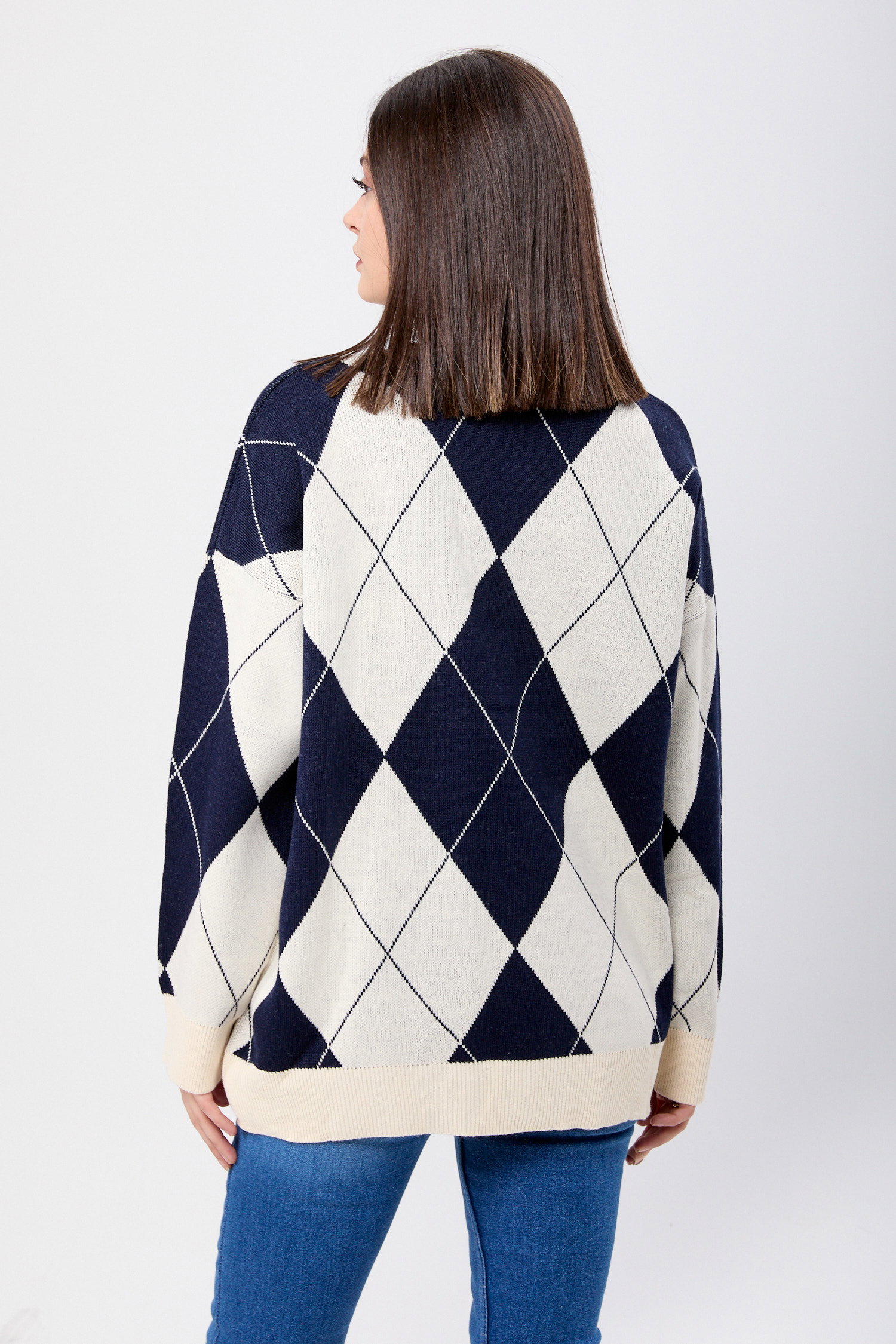 23924-LACIVERT Baklava Desen Ekose Oversize Kazak - 5