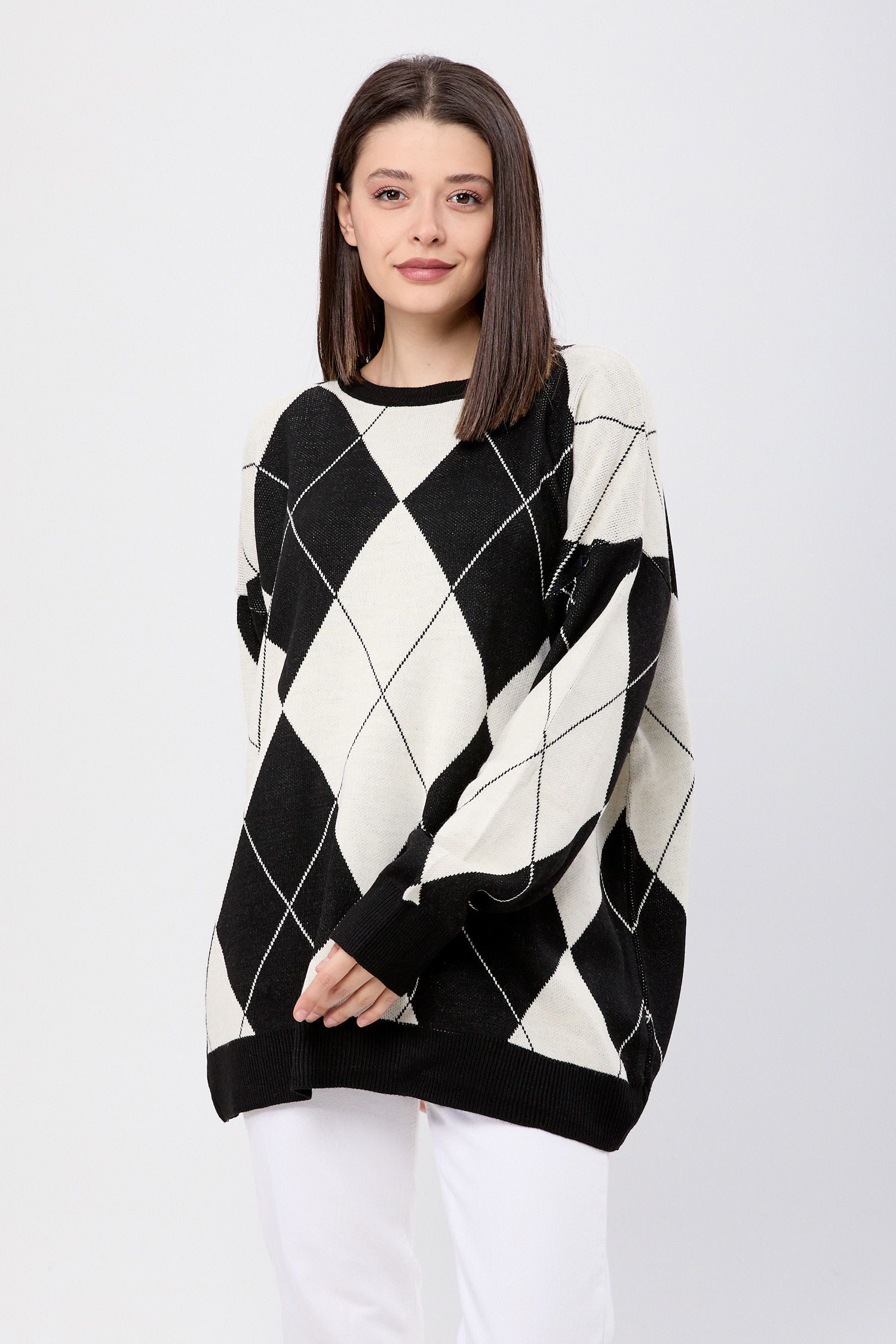 23924-SIYAH Baklava Desen Ekose Oversize Kazak - 2