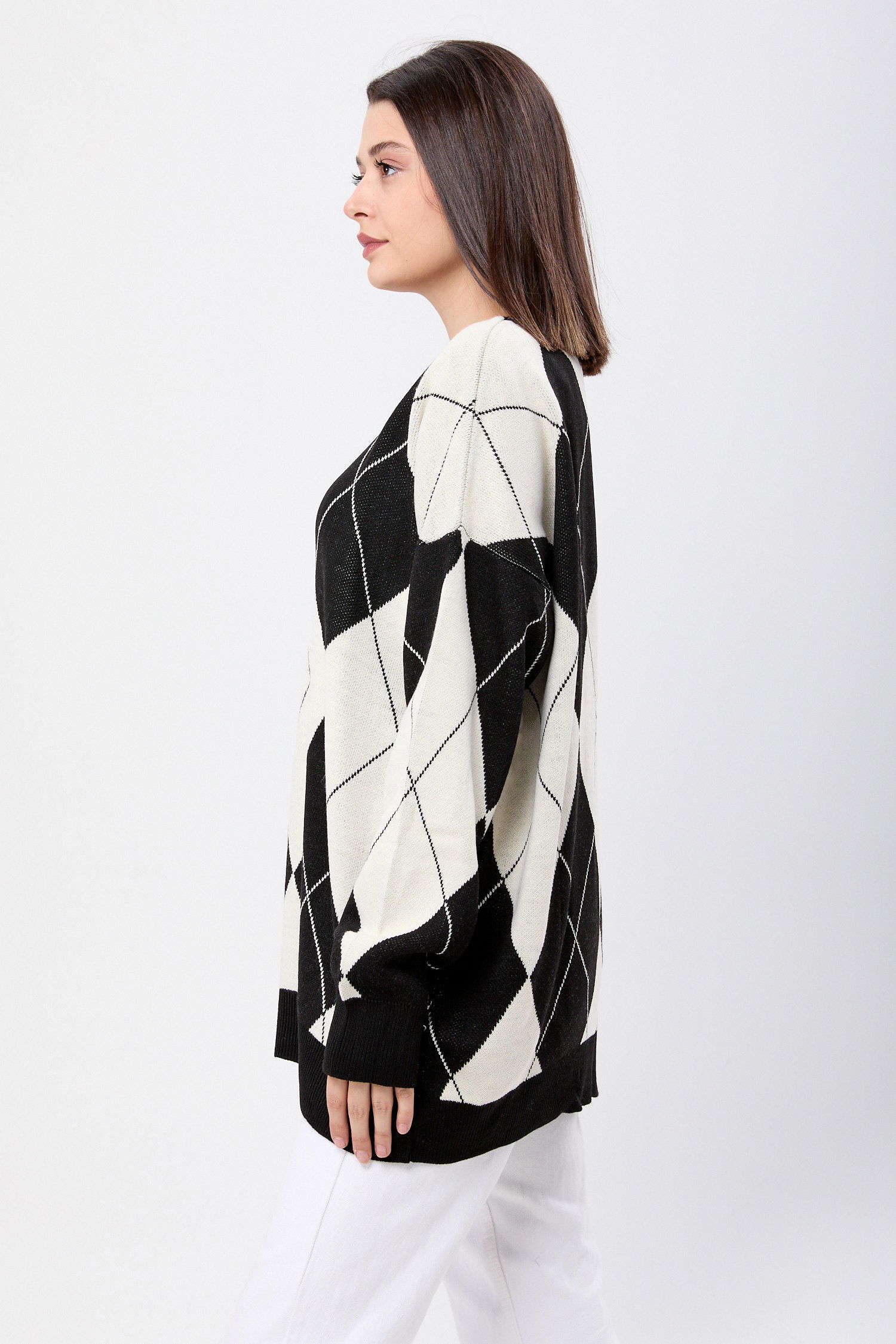 23924-SIYAH Baklava Desen Ekose Oversize Kazak - 3