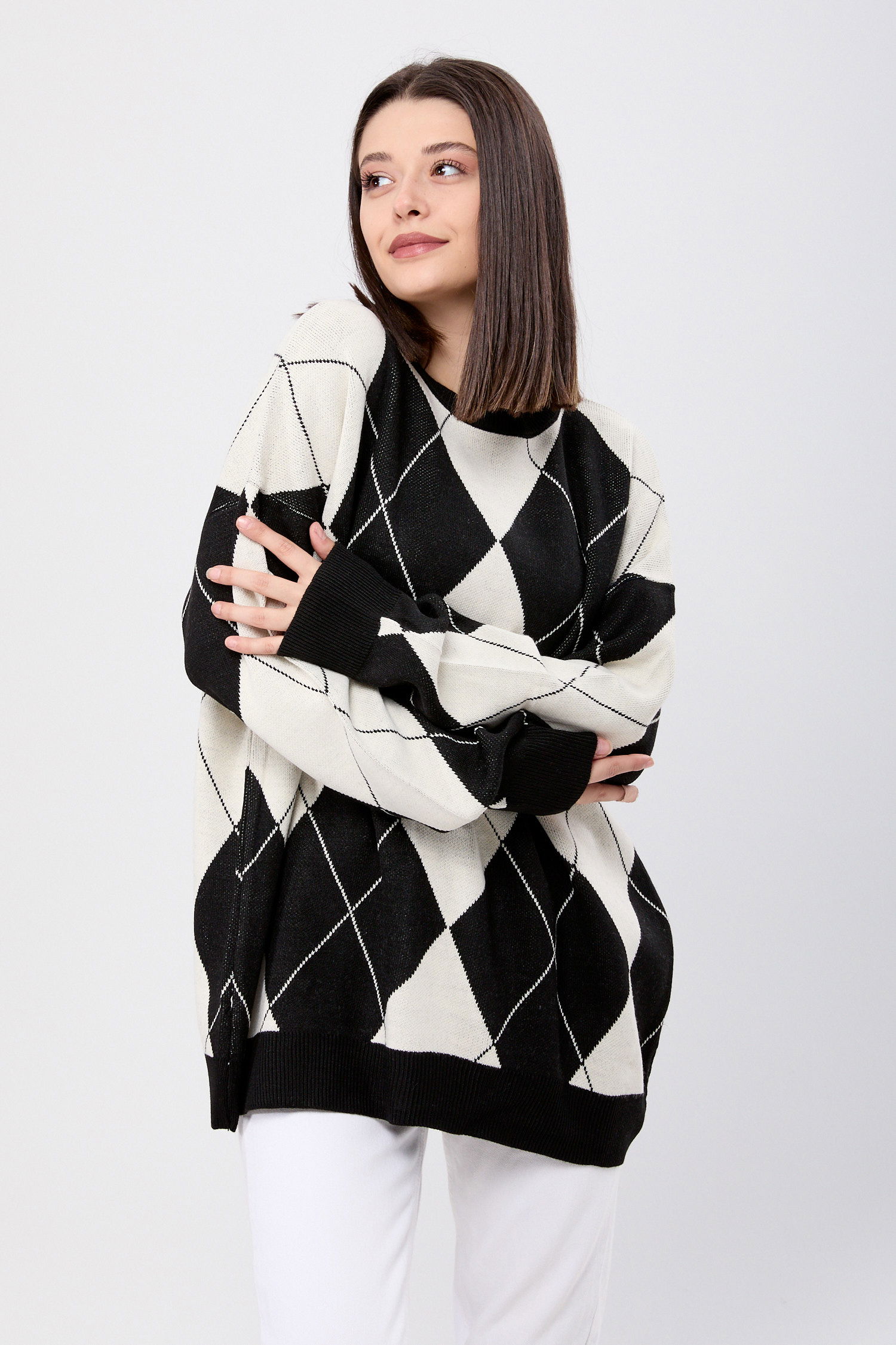 23924-SIYAH Baklava Desen Ekose Oversize Kazak - 4