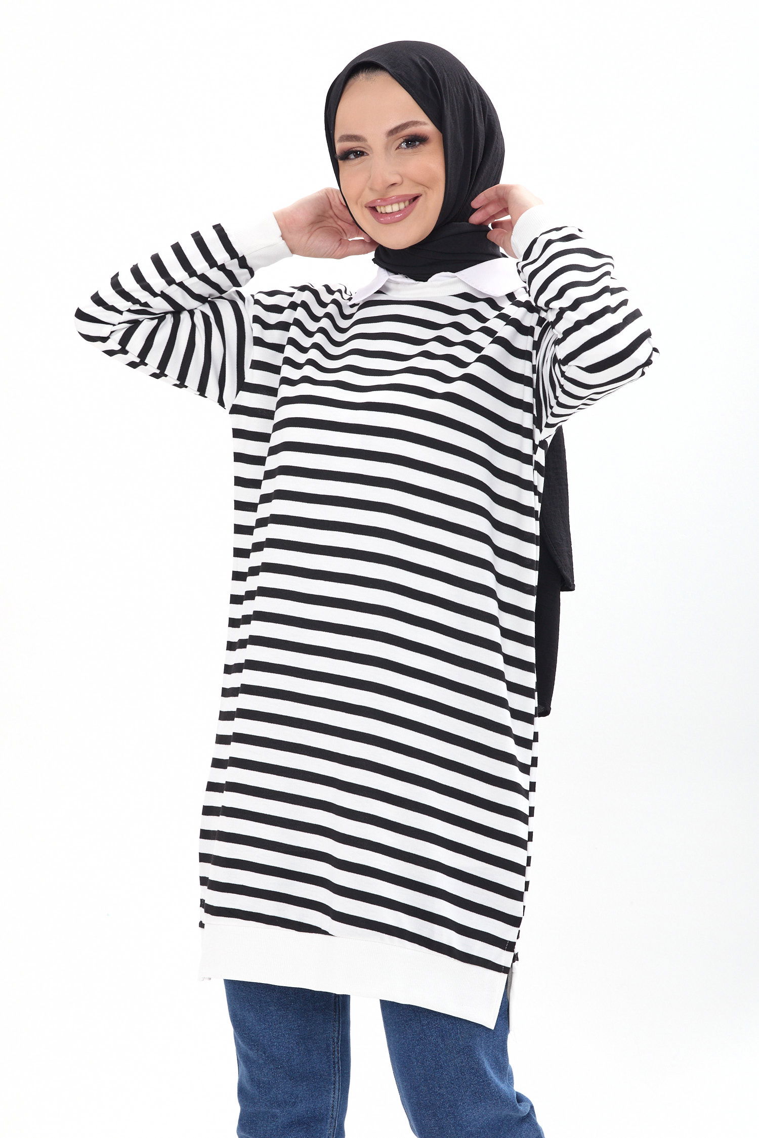 23925-SIYAH Çizgili Tunik - 13