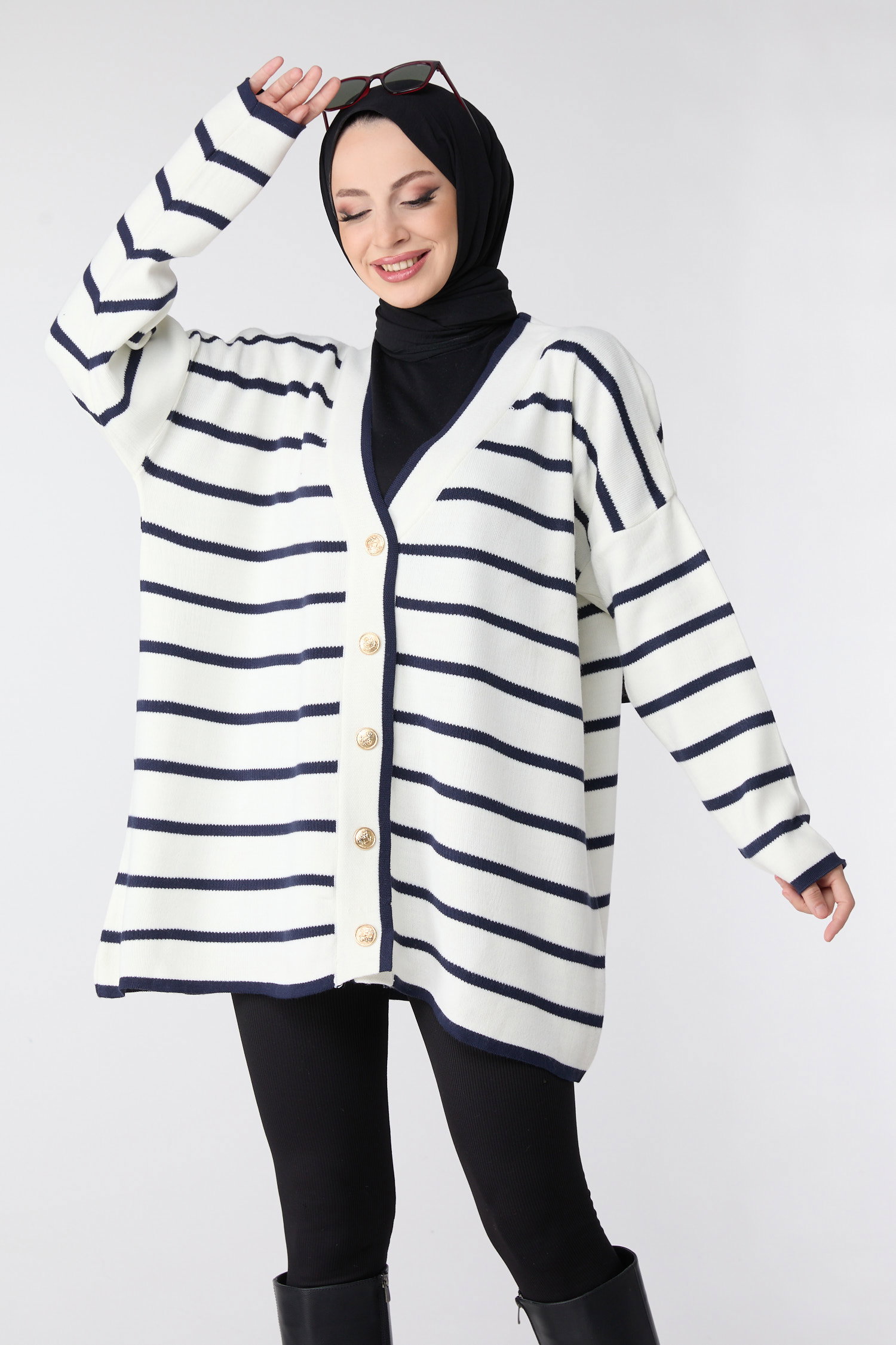 23972-BEYAZ-LACIVERT Triko Hırka - 4