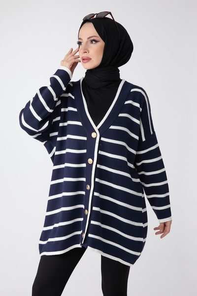 23972-LACIVERT Gold Düğmeli Çizgili Oversize Triko Hırka 