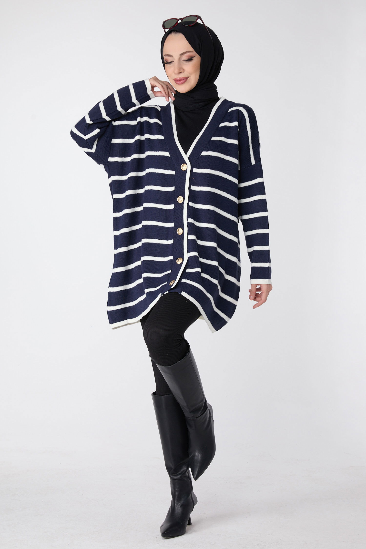 23972-LACIVERT Gold Düğmeli Çizgili Oversize Triko Hırka - 2