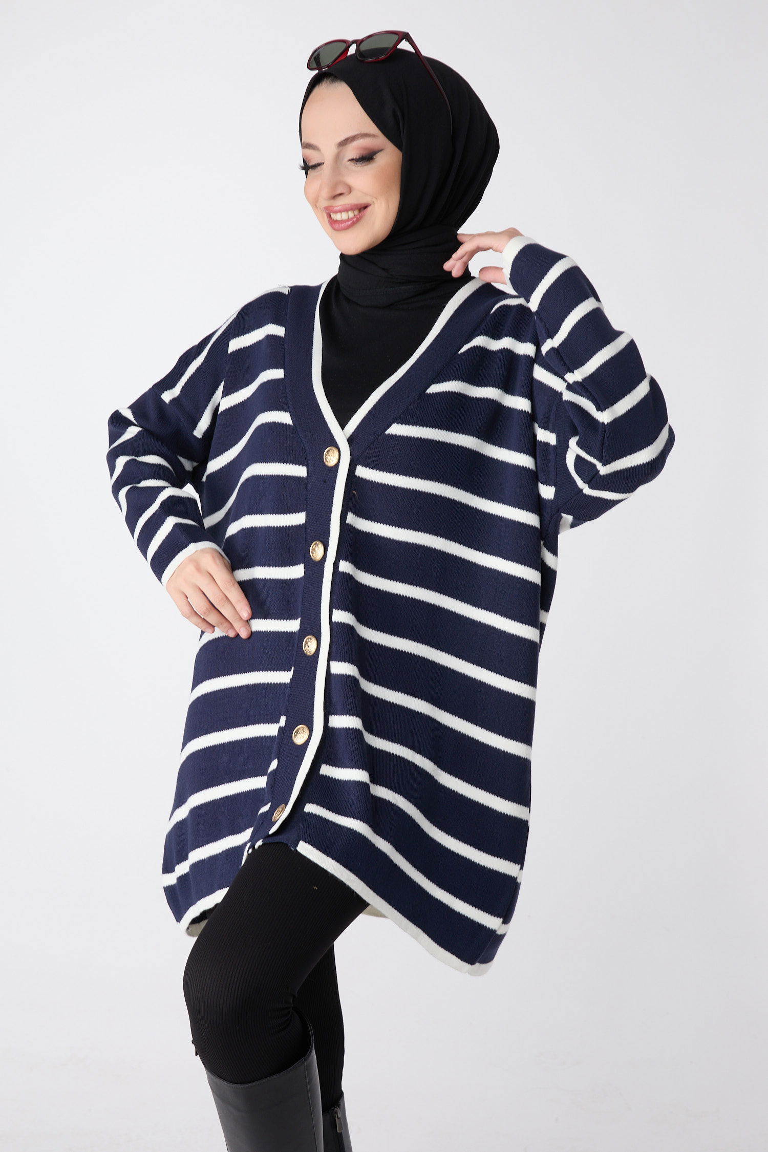 23972-LACIVERT Gold Düğmeli Çizgili Oversize Triko Hırka - 4