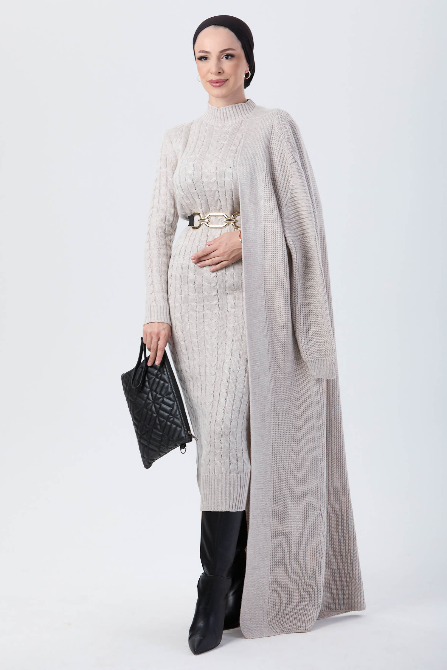 24007-BEJ Hırka Elbise Triko Tesettur Takım - 1