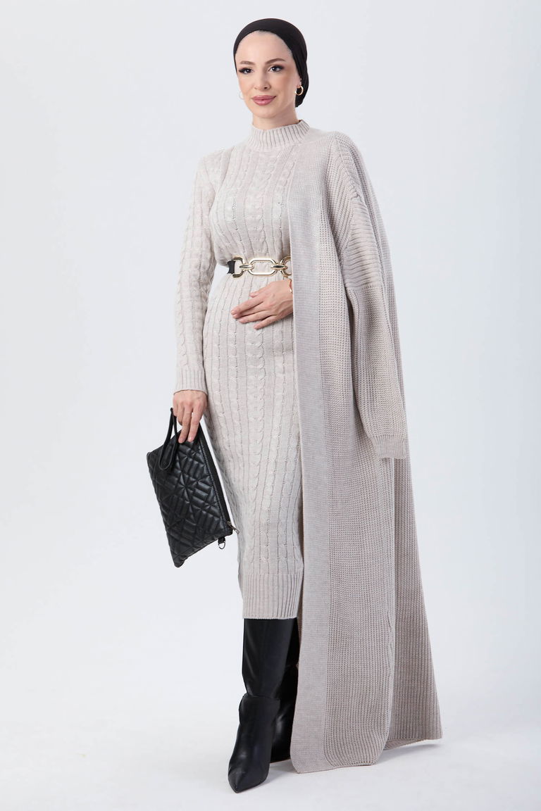 24007-BEJ Hırka Elbise Triko Tesettur Takım - TOFİSA