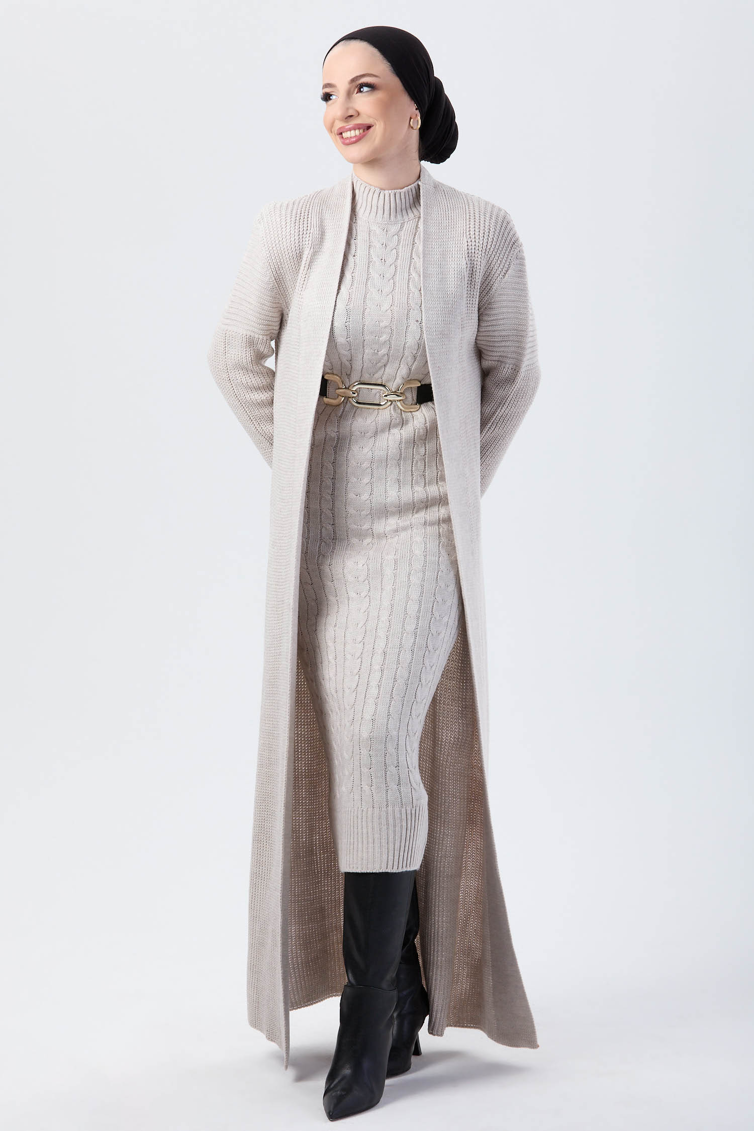 24007-BEJ Hırka Elbise Triko Tesettur Takım - 2