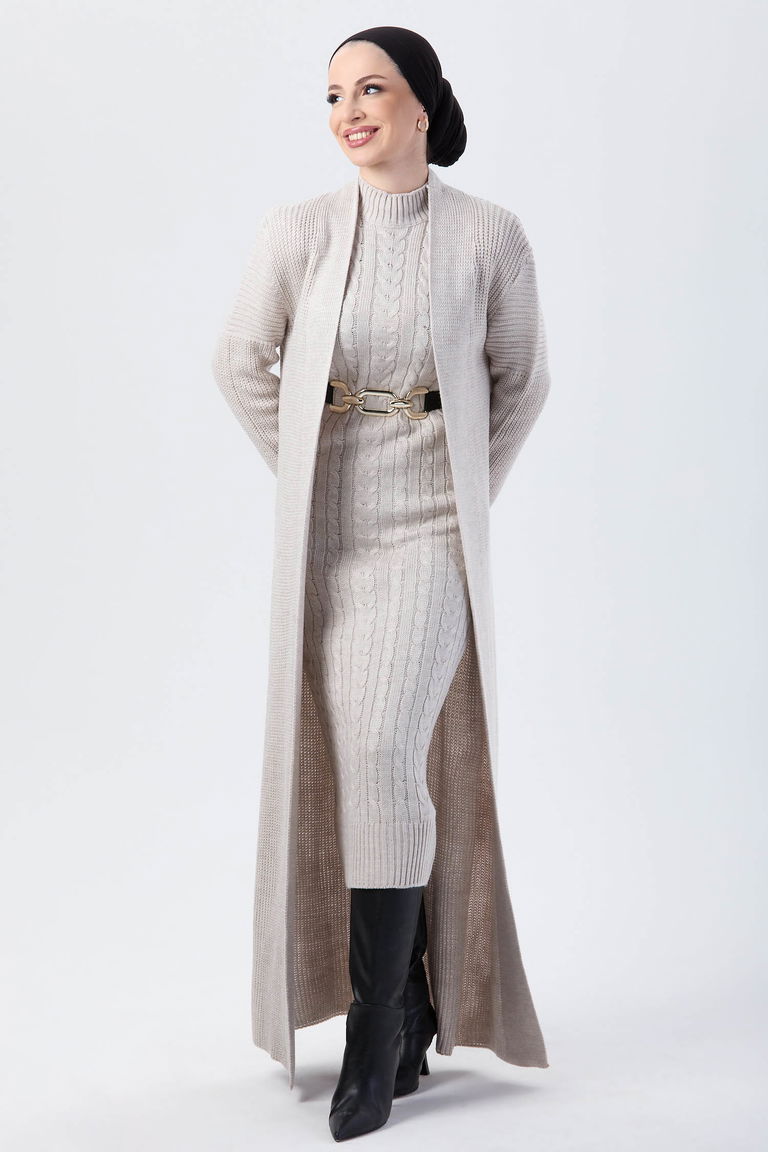 24007-BEJ Hırka Elbise Triko Tesettur Takım - TOFİSA