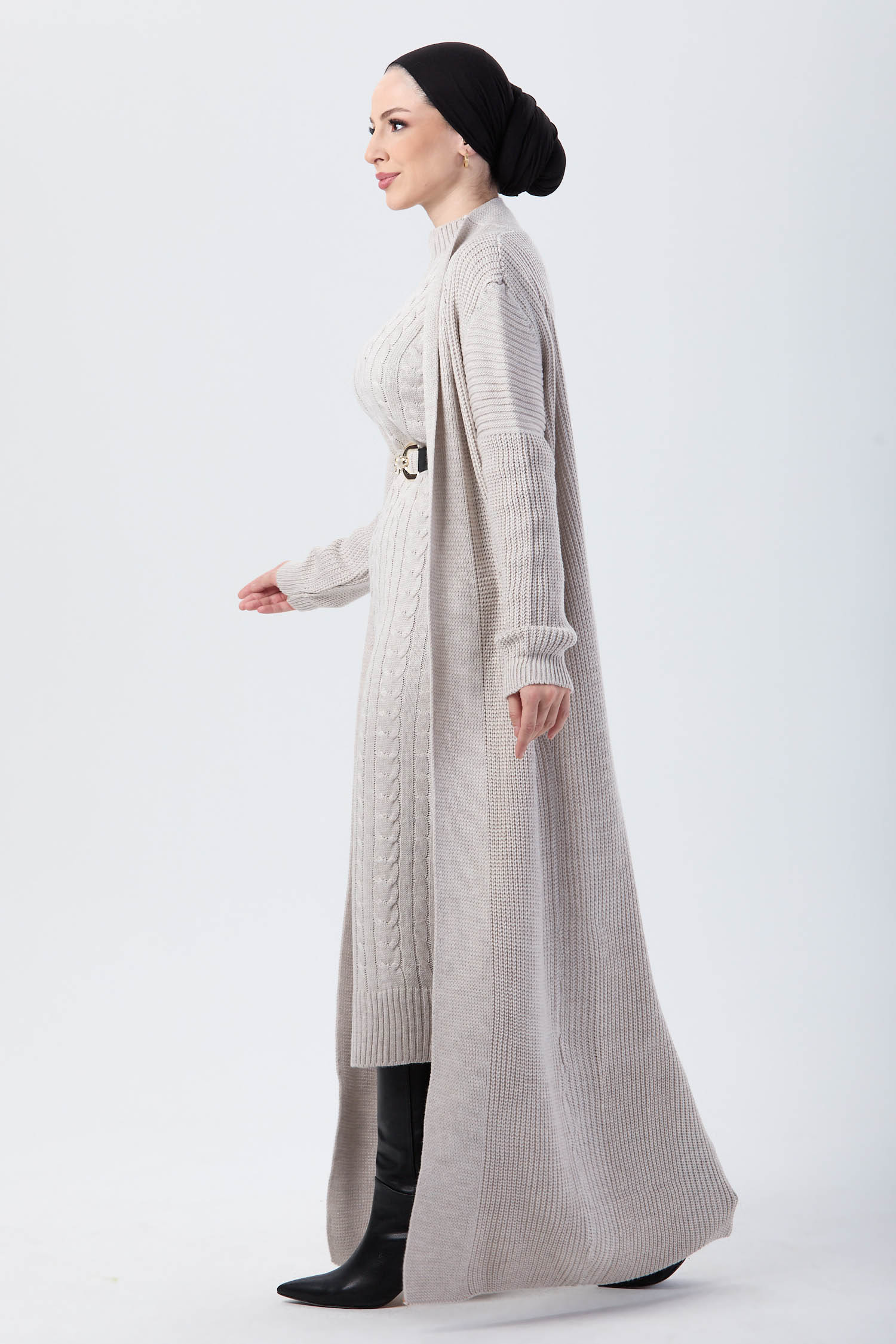 24007-BEJ Hırka Elbise Triko Tesettur Takım - 3