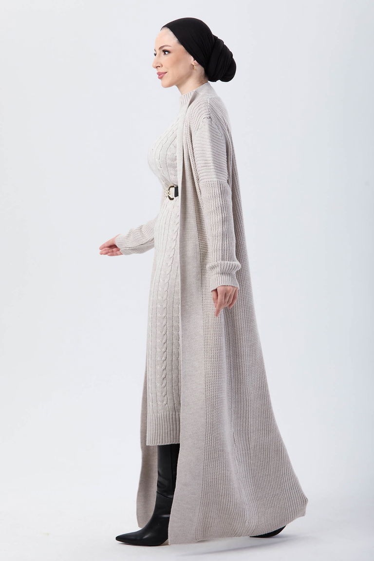 24007-BEJ Hırka Elbise Triko Tesettur Takım - TOFİSA