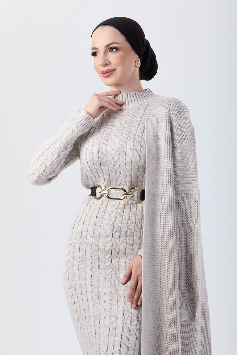 24007-BEJ Hırka Elbise Triko Tesettur Takım - TOFİSA