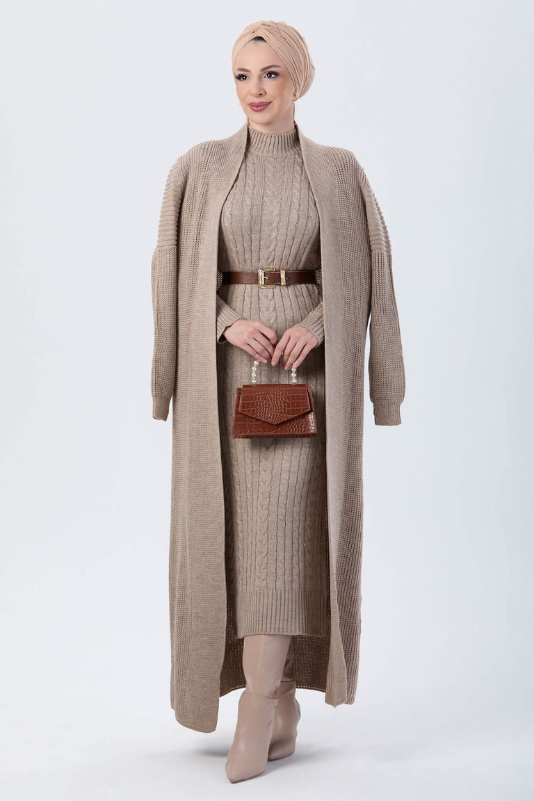 24007-VIZON Hırka Elbise Triko Tesettur Takım - TOFİSA