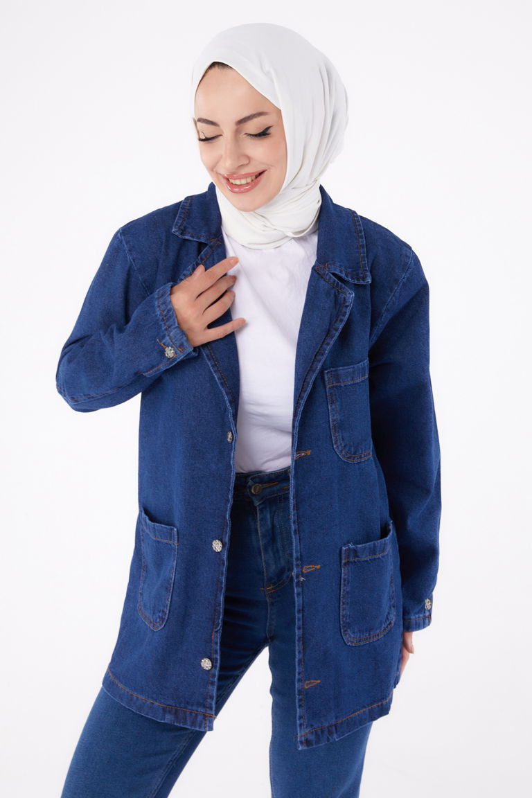 24049-KOYU-MAVI Kruvaze Kot Ceket - TOFİSA