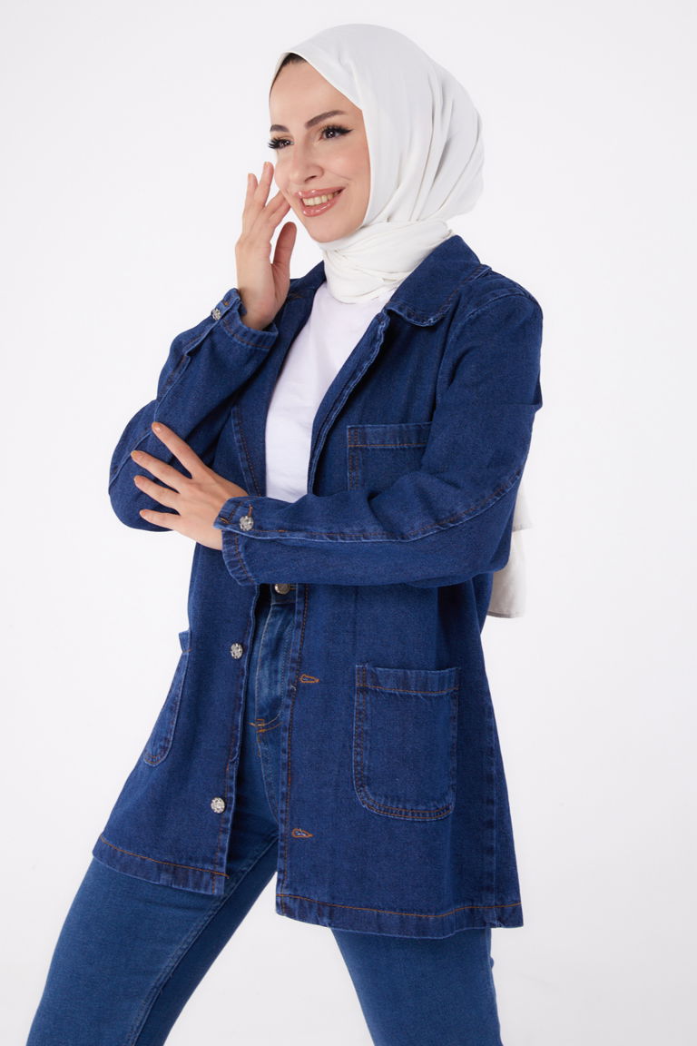 24049-KOYU-MAVI Kruvaze Kot Ceket - TOFİSA