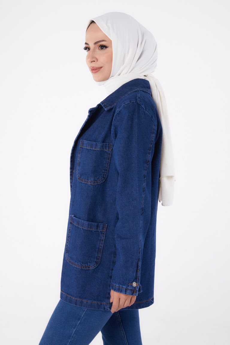 24049-KOYU-MAVI Kruvaze Kot Ceket - TOFİSA