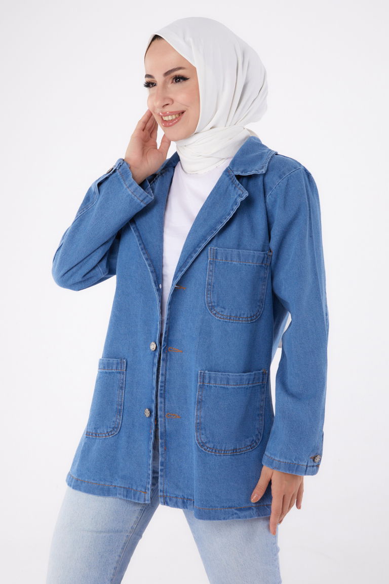 24049-MAVI Kruvaze Kot Ceket - TOFİSA