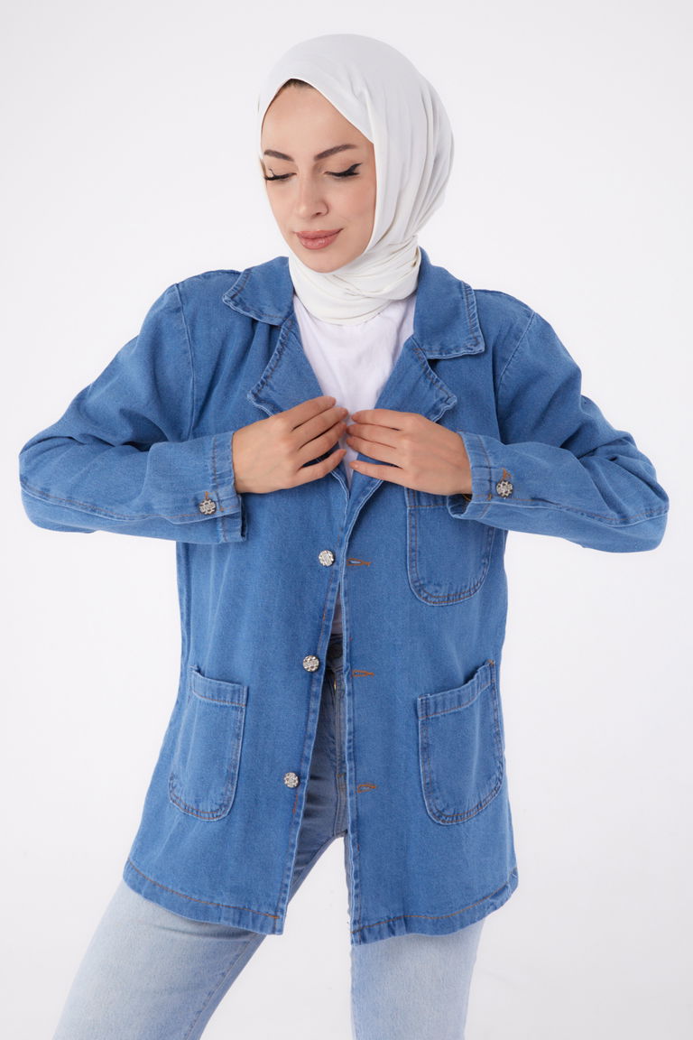 24049-MAVI Kruvaze Kot Ceket - TOFİSA