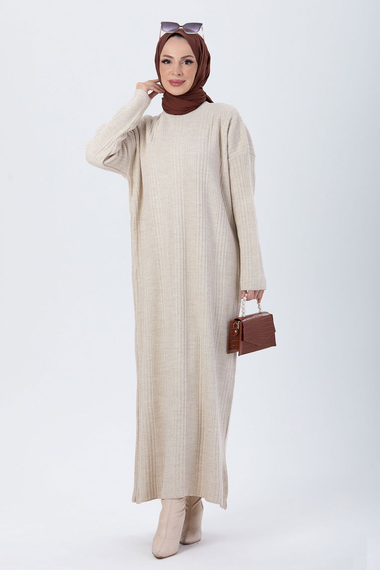 24119-BEJ Triko Elbise - TOFİSA