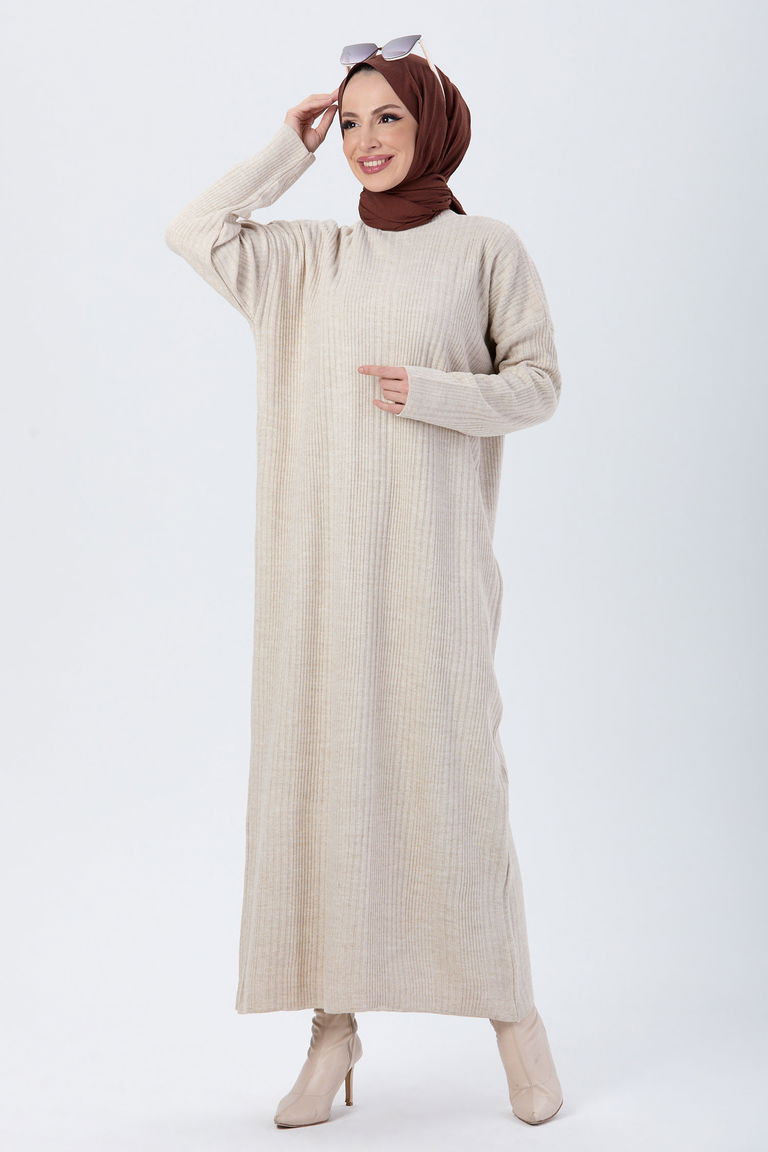 24119-BEJ Triko Elbise - TOFİSA