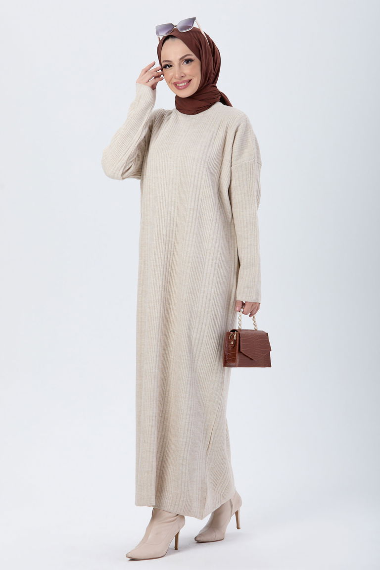 24119-BEJ Triko Elbise - TOFİSA