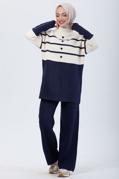 24131-LACIVERT Çizgi Desenli Triko Takım 