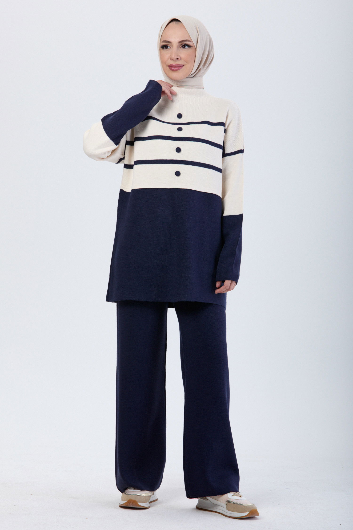 24131-LACIVERT Çizgi Desenli Triko Takım - 2