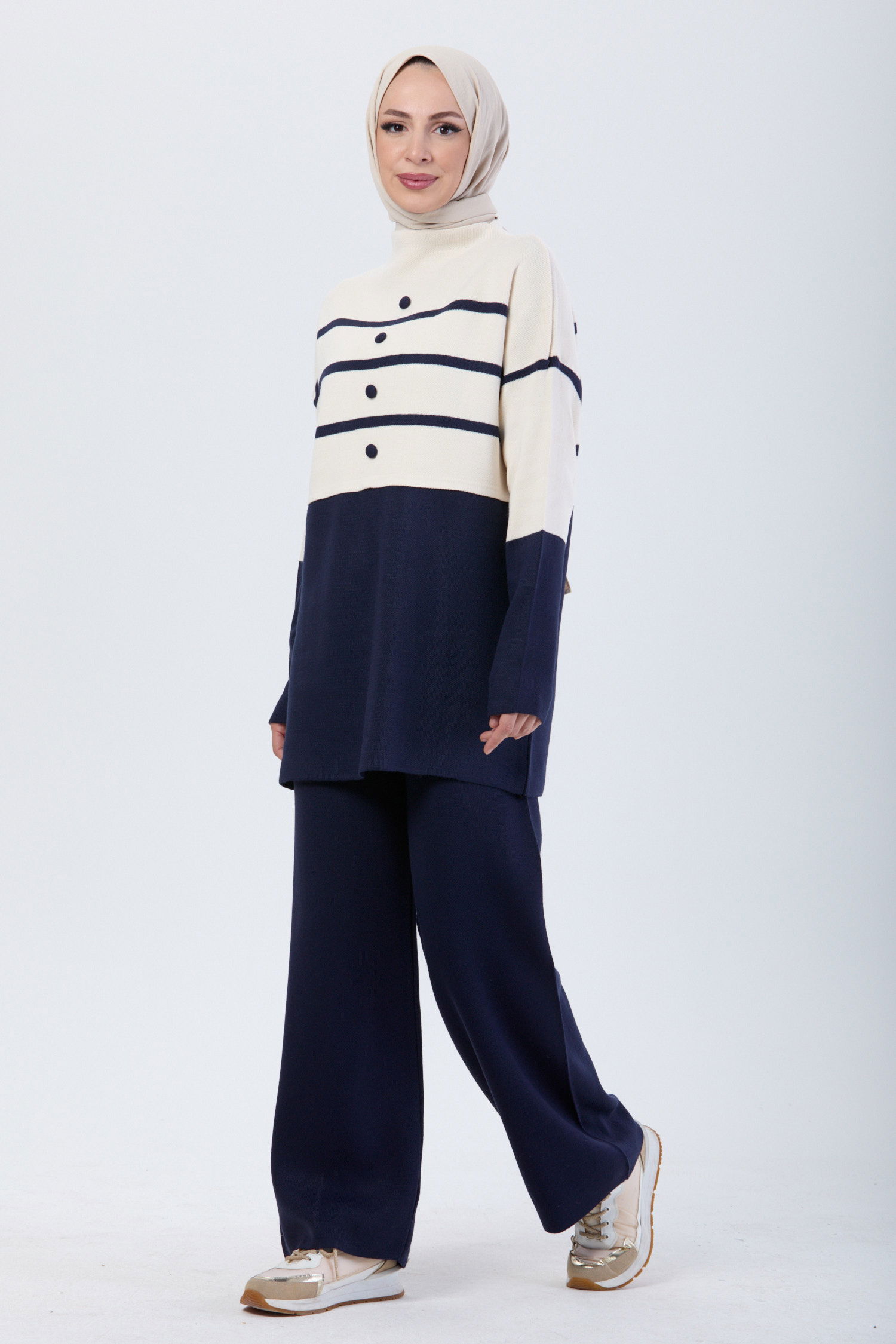 24131-LACIVERT Çizgi Desenli Triko Takım - 3