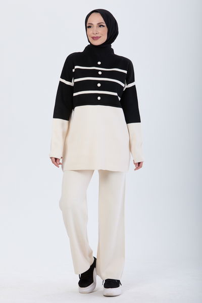 24131-SIYAH Çizgi Desenli Triko Takım 