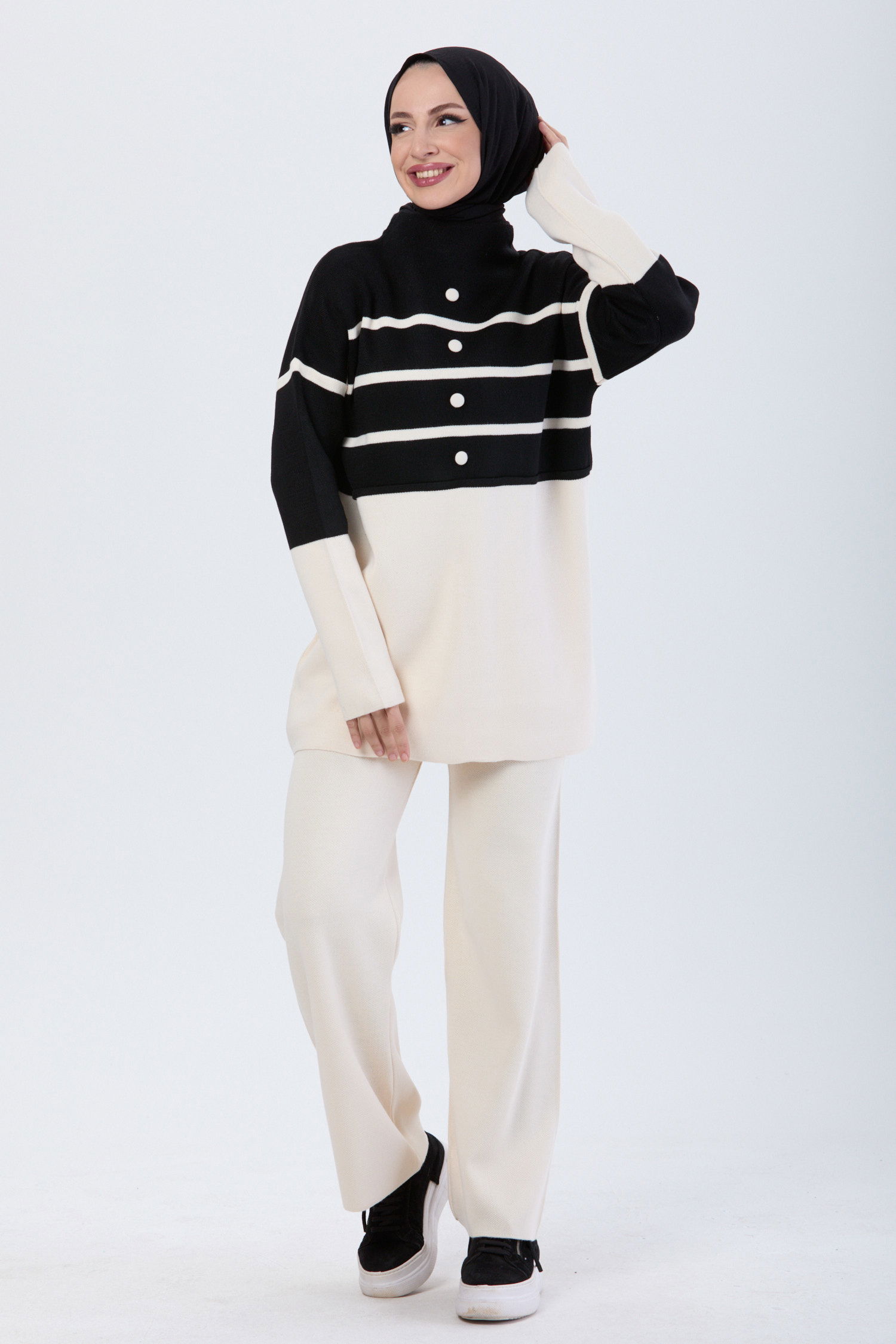 24131-SIYAH Çizgi Desenli Triko Takım - 2