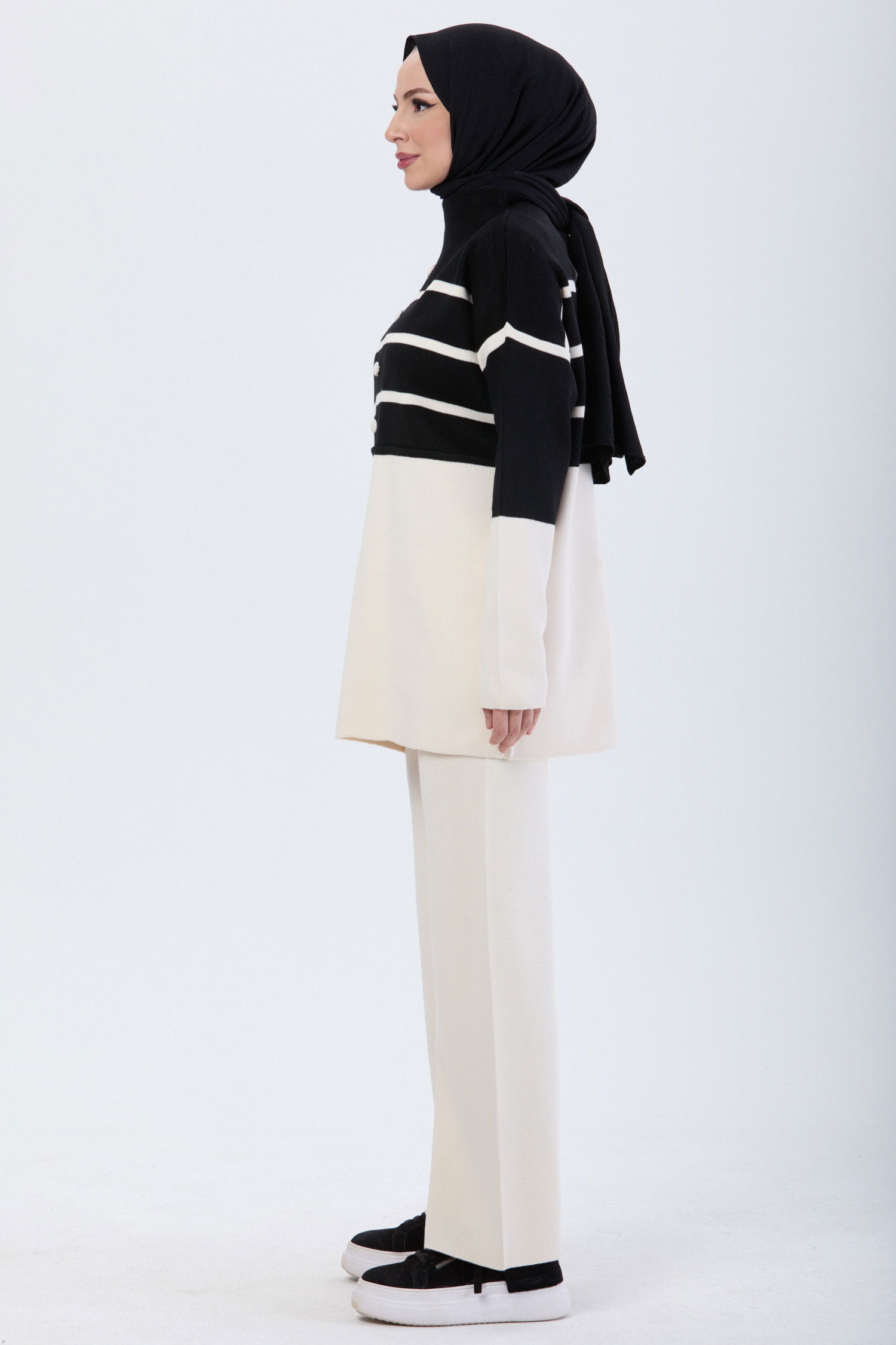 24131-SIYAH Çizgi Desenli Triko Takım - 3