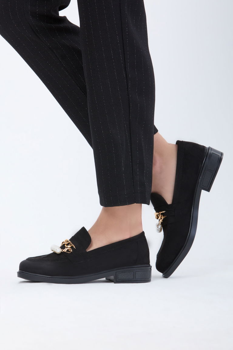 Kadın Siyah Süet İncili Ayakkabı - 24163 - TOFİSA