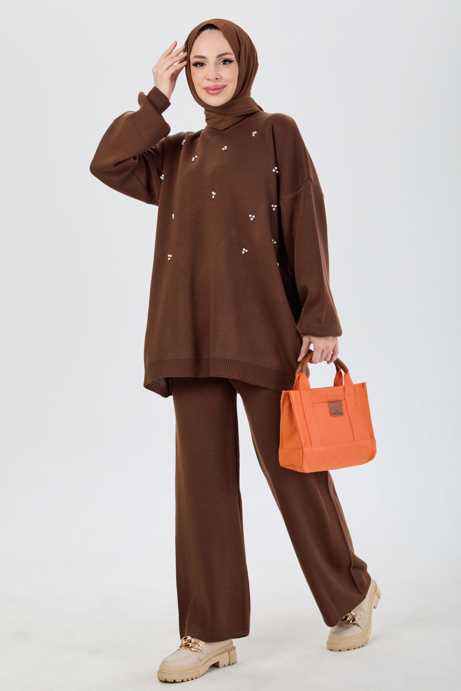 24210-KAHVE İnci İşlemeli Triko Takım - 2