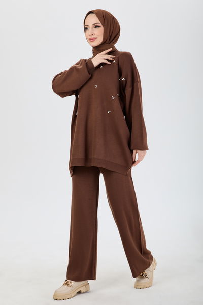 24210-KAHVE İnci İşlemeli Triko Takım 