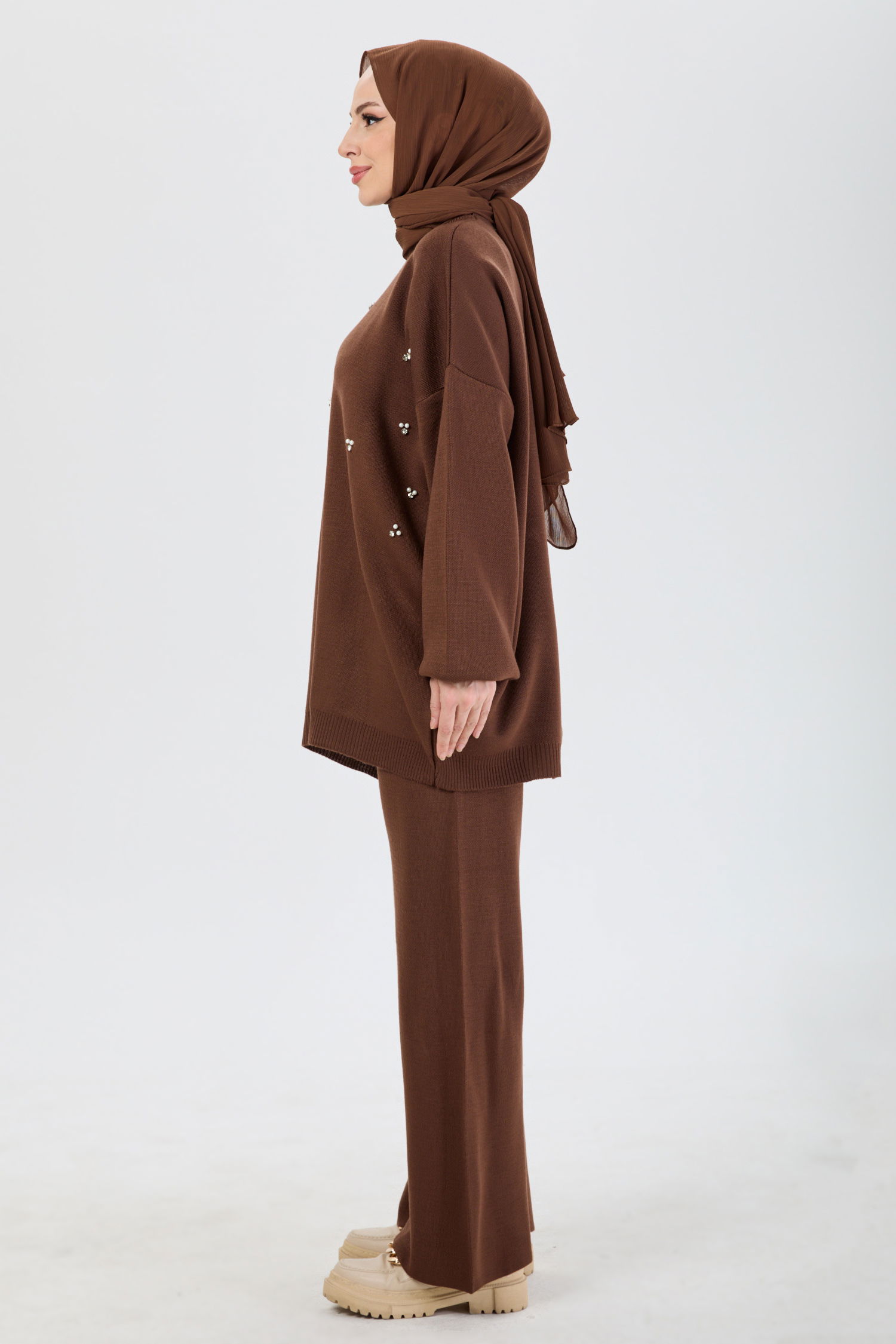24210-KAHVE İnci İşlemeli Triko Takım - 3