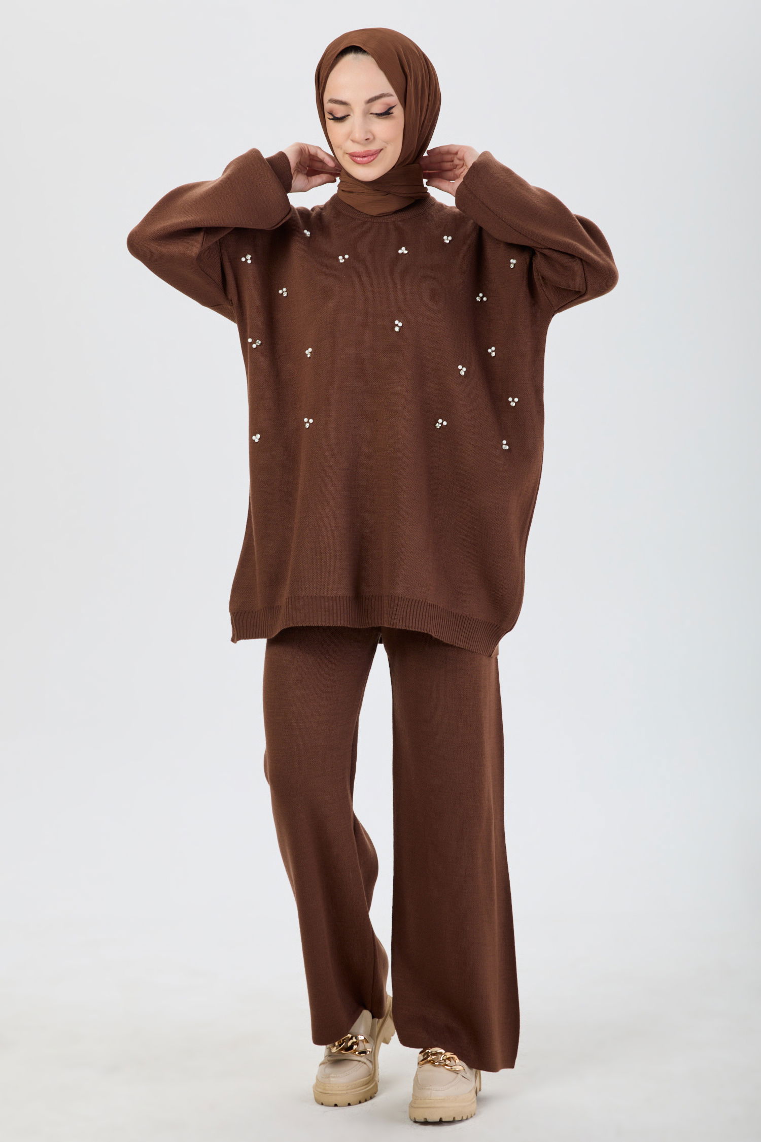 24210-KAHVE İnci İşlemeli Triko Takım - 4