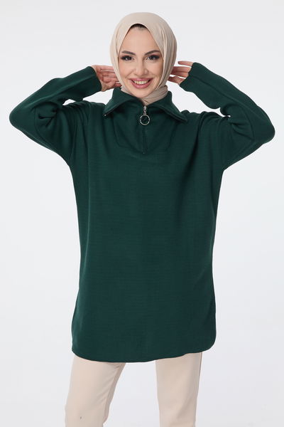 24211-ZUMRUT Yakası Fermuarlı Triko Tunik 