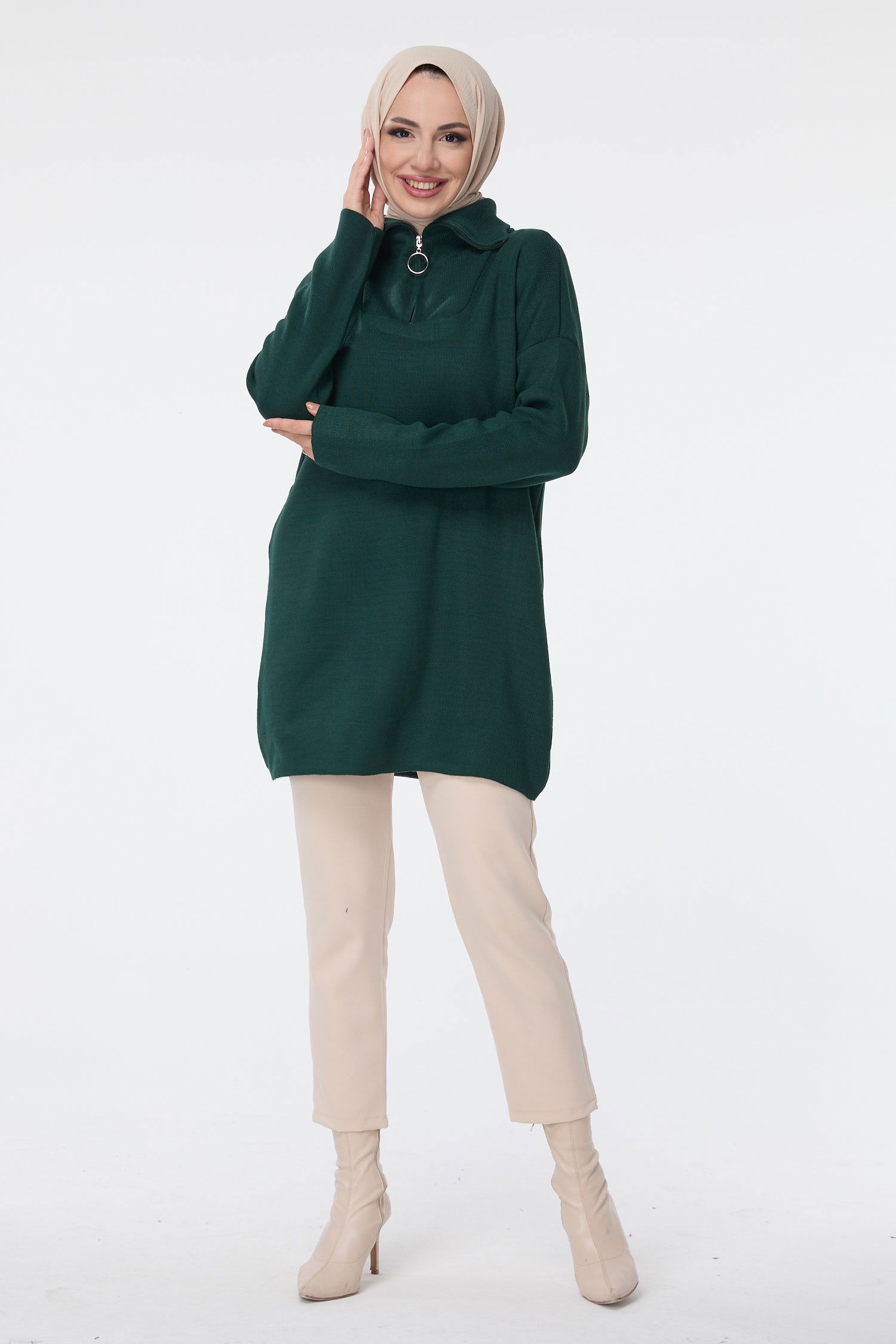 24211-ZUMRUT Yakası Fermuarlı Triko Tunik - 2