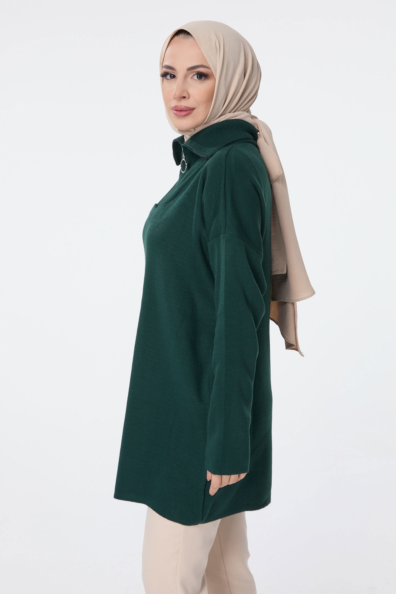 24211-ZUMRUT Yakası Fermuarlı Triko Tunik - 3