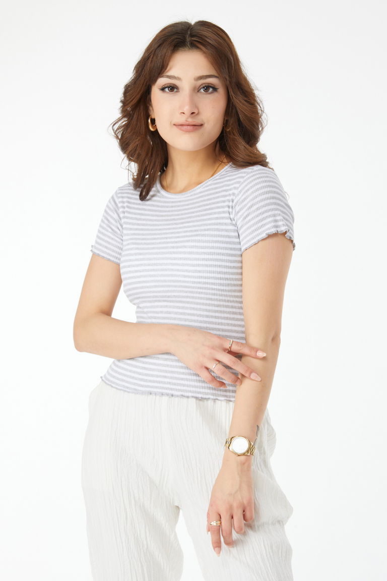 24436-GRI Bisiklet Yaka Kısa Kollu Çizgili Bluz - TOFİSA