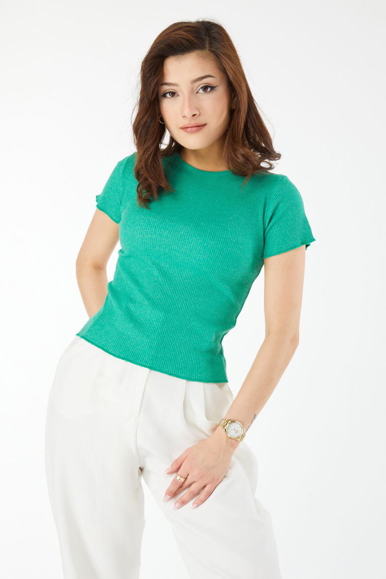 24437-YESIL Bisiklet Yaka Kısa Kollu Bluz - TOFİSA