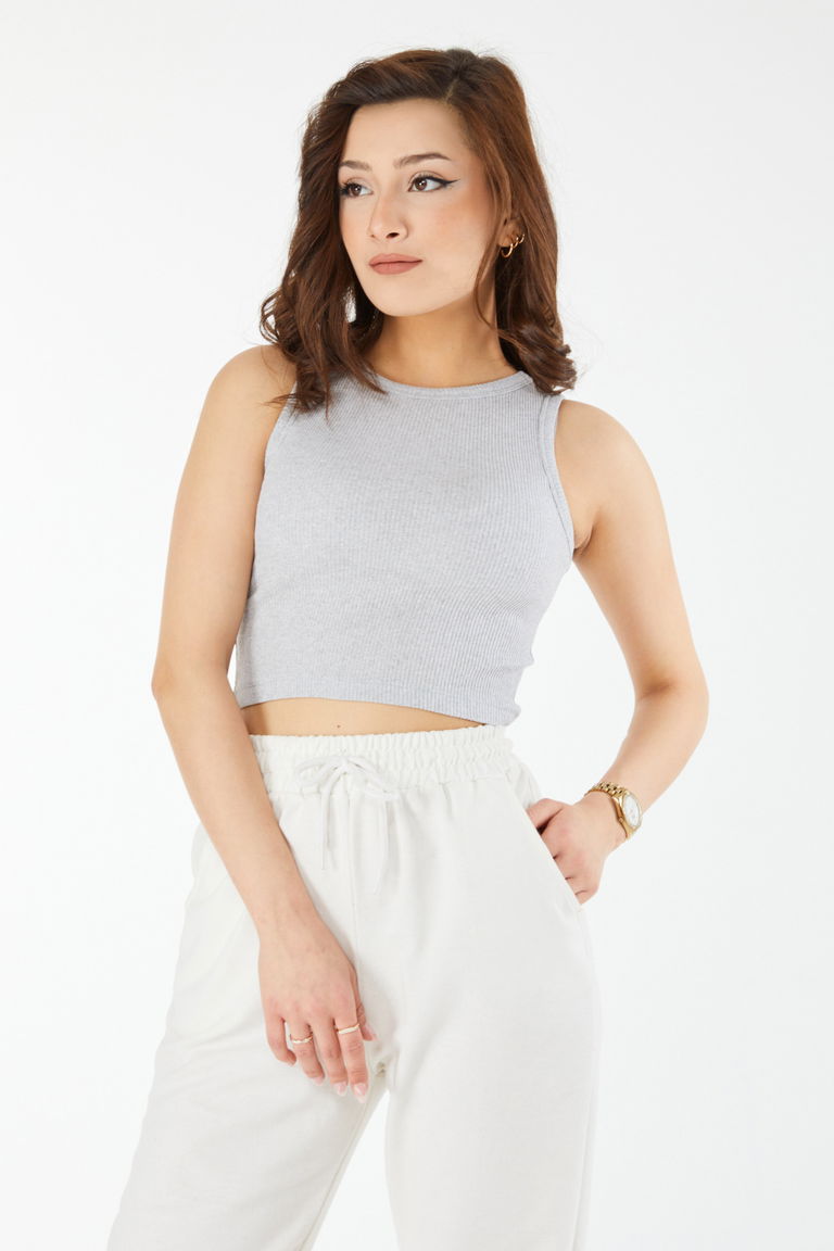 Kısa Kollu Crop Gri - 24438 - TOFİSA